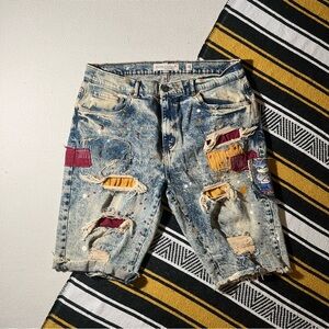 Distressed Denim Shorts with Colorful Patches